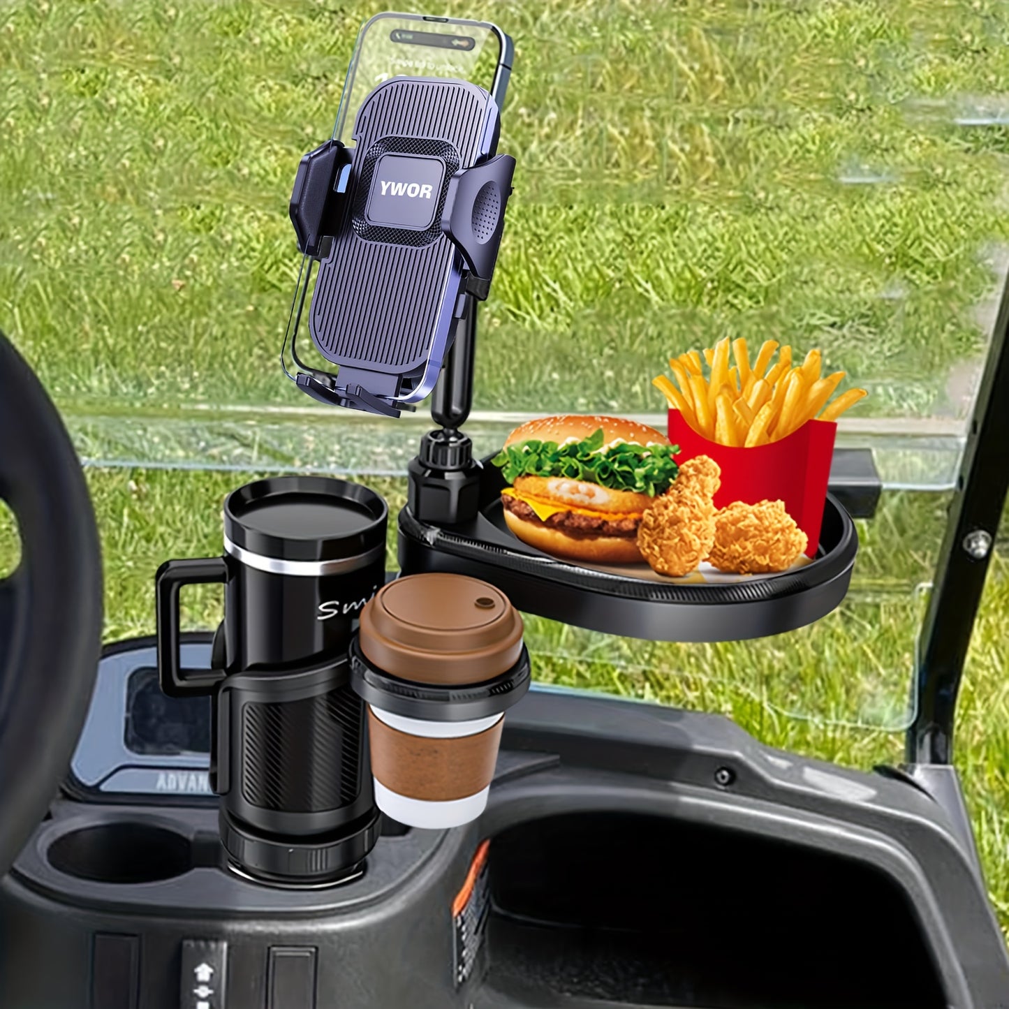 Car Cup Holder Expander 3-in-1 - Expandable Food Tray Table with Phone Mount for Road Trips, Universal Car Organizer for Eating & Drinks