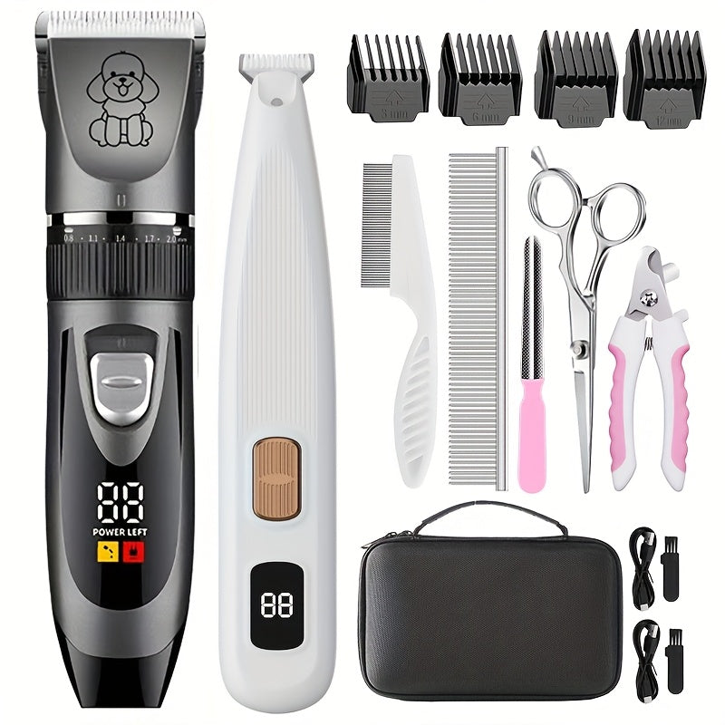 Pet Grooming Kit with Quiet Rechargeable Clippers - Cordless Electric Shaver & Complete Tool Set for Dogs and Cats, Low Noise Home Grooming with Digital Display Option