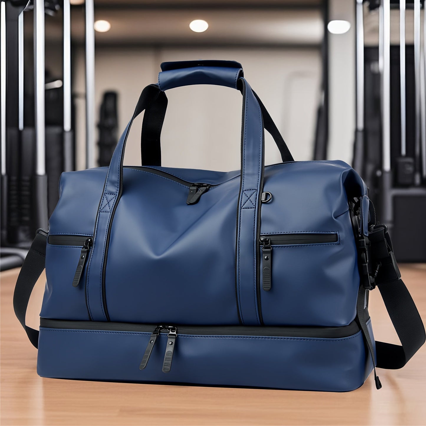 Gym Duffel Bag with Wet Pocket & Shoe Compartment - Foldable PU Leather Sports Travel Bag for Workouts, Weekend Trips & Everyday Use, Lightweight Carry-On Luggage Bag for Men Women (Black/Blue/Grey)