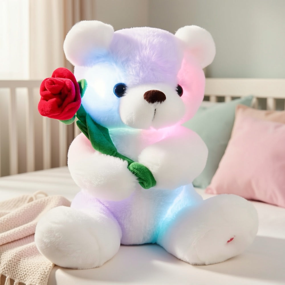 Rose Bear Plush with LED Light Glowing White Bear with Flowers Romantic Stuffed Animal Gift for Her Women Girls Girlfriend Mom Valentine's Day Mother's Day Birthday Anniversary