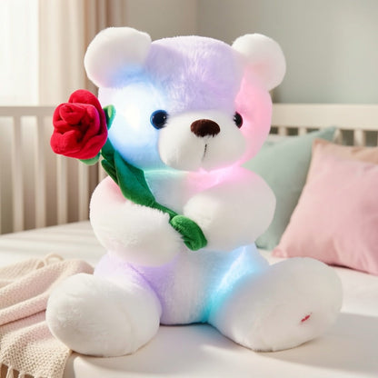 Rose Bear Plush with LED Light Glowing White Bear with Flowers Romantic Stuffed Animal Gift for Her Women Girls Girlfriend Mom Valentine's Day Mother's Day Birthday Anniversary