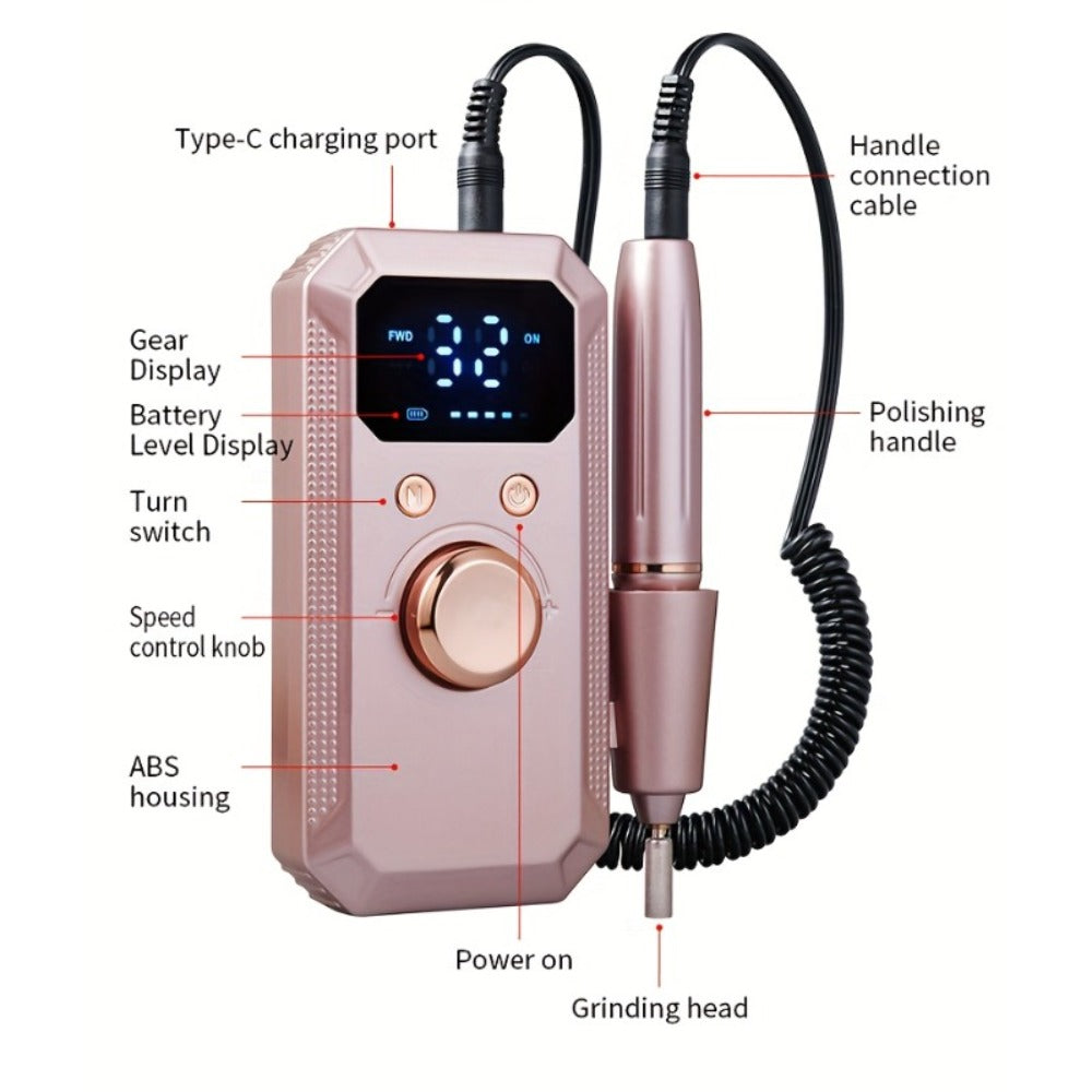 Cordless Electric Nail Drill Machine Rechargeable Professional E-File 11 Bits 20 Sanding Discs High Speed Acrylic Gel Natural Nails Polishing Portable Home Salon Black Pink White Grey Rose Gold