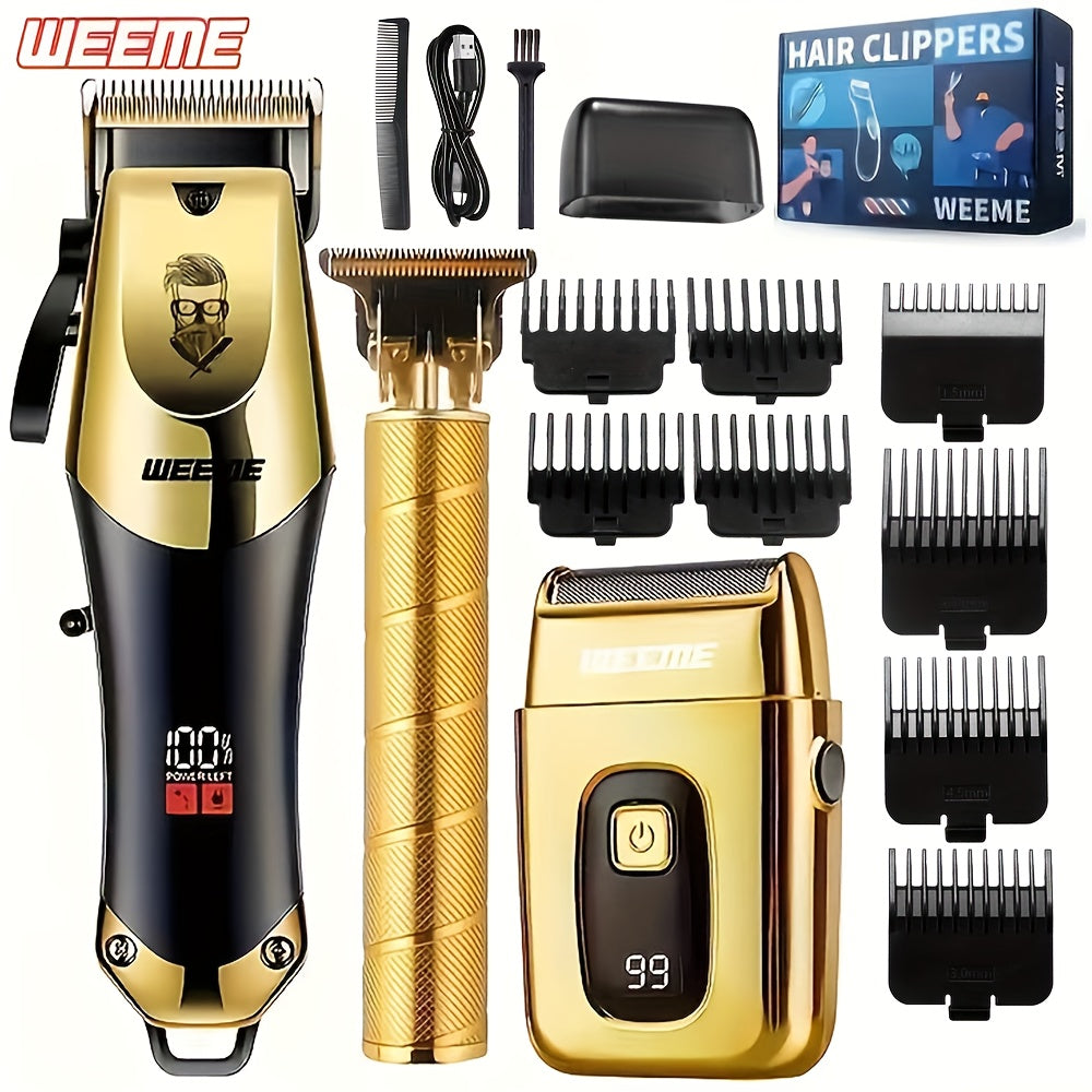 Hair Clipper Set for Men USB Rechargeable - LCD Display Cordless Trimmer, Guide Combs & Cleaning Brushes, Professional Home Haircut Kit, Gift for Men, Golden Blue Silver