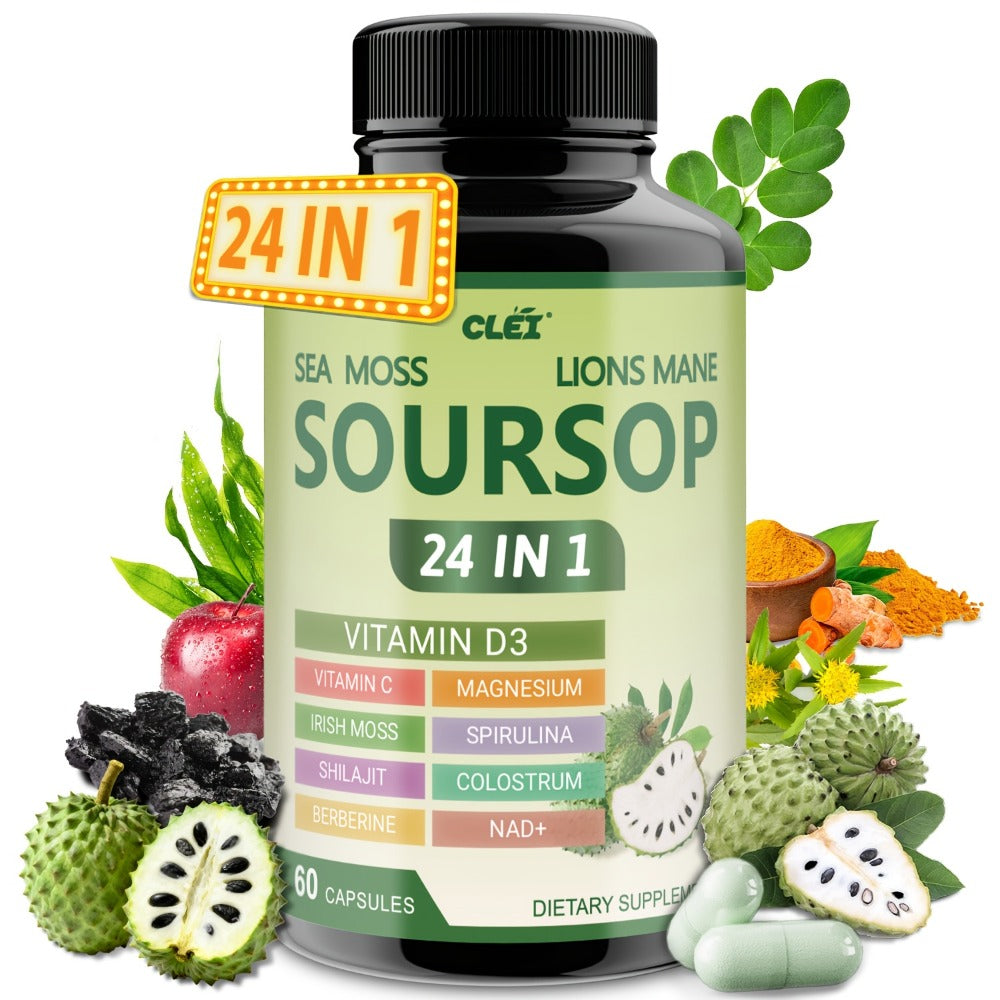Soursop Graviola Capsules 24-in-1 Formula 60 Count – Lab Tested Gut Health Digestion Antioxidant Immune Support Daily Wellness Supplement for Men & Women