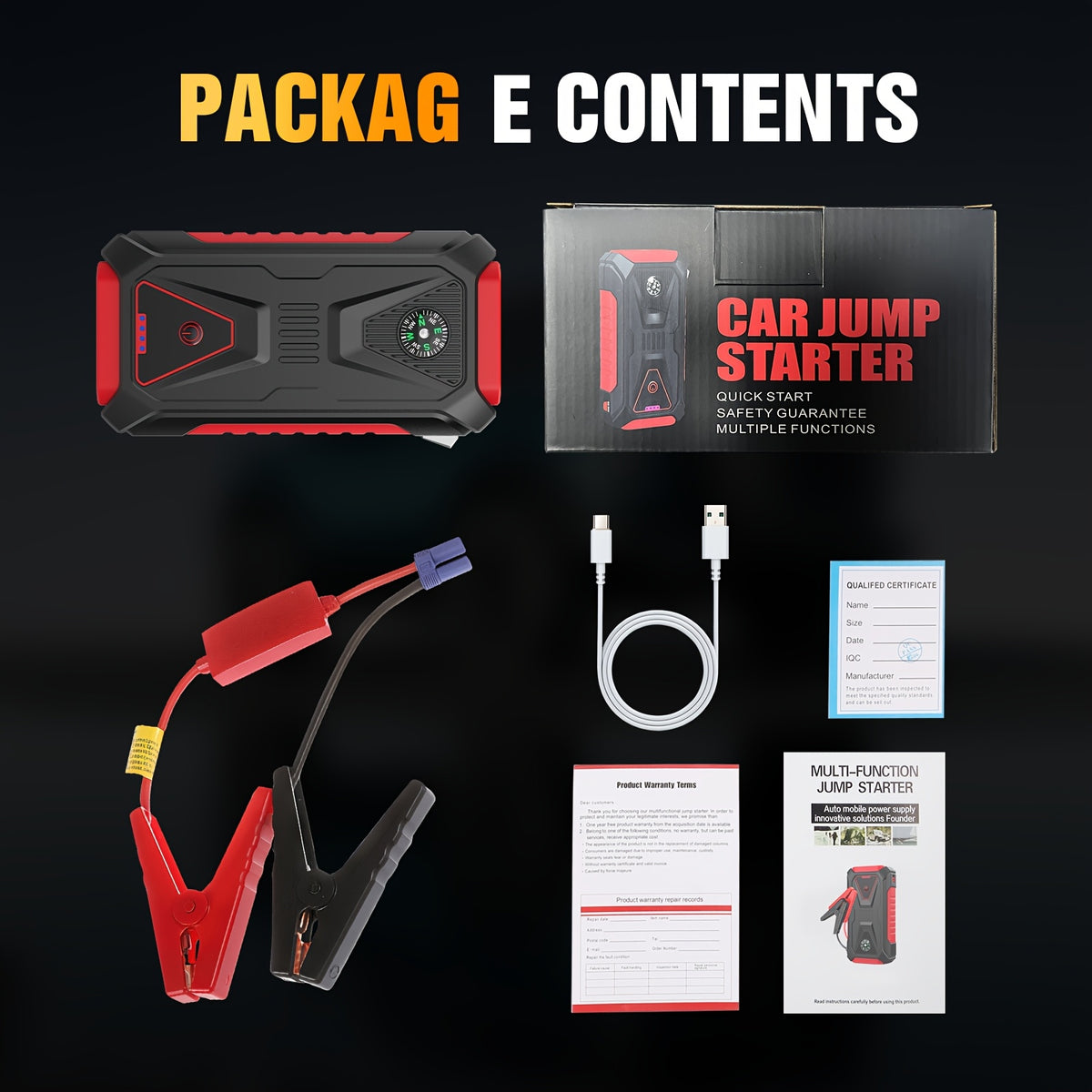 12V Portable Battery Starter | 5000A Peak Jump Starter for 2.64gal Gasoline and 2.11gal Diesel Engines, LED Flashlight, SOS Warning Lights, Emergency Power Supply with Safety Hammer and Compass, USB Dual Use, Rechargeable Lithium Polymer Battery, For RV