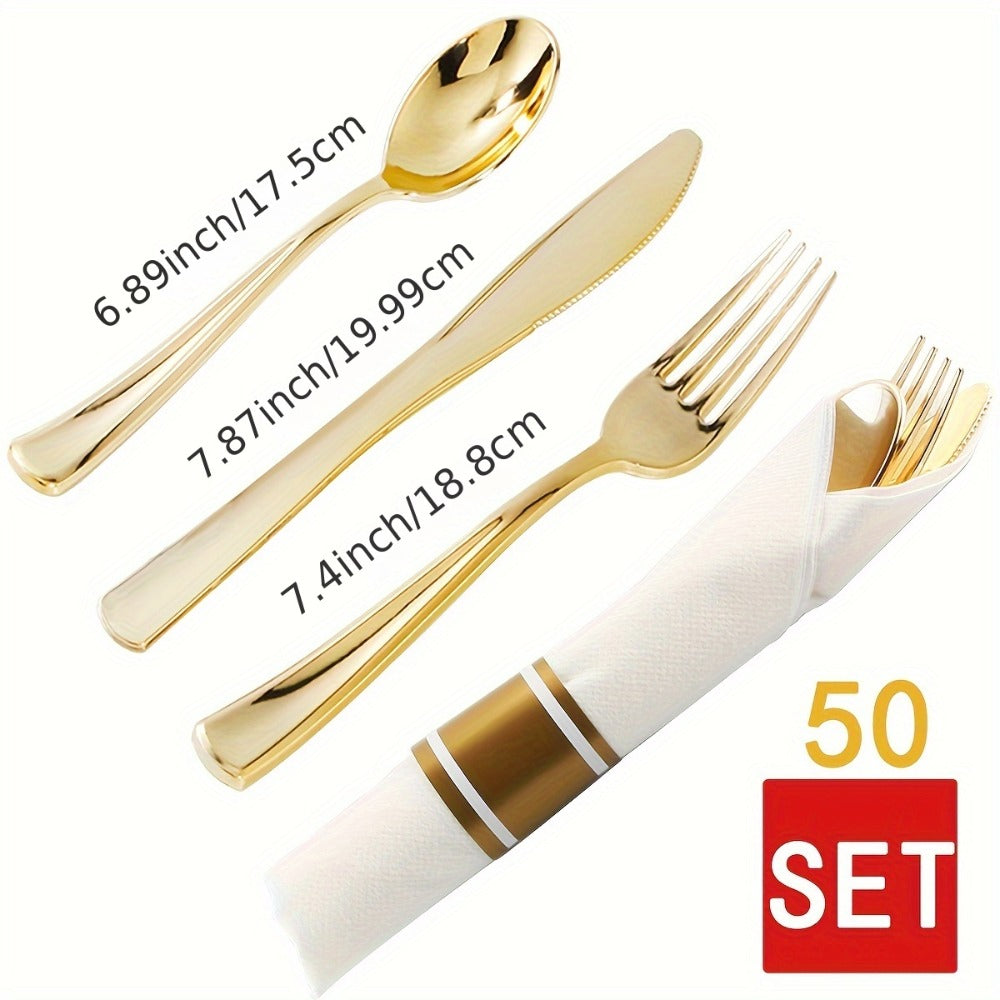Gold Plastic Plates Disposable Dinnerware Set 350pcs – 50 Dinner Plates, 50 Dessert Plates, 50 Gold Rim 9oz Cups & 50 Gold Cutlery Sets | Elegant Party Tableware for Wedding, Birthday & Holiday Events