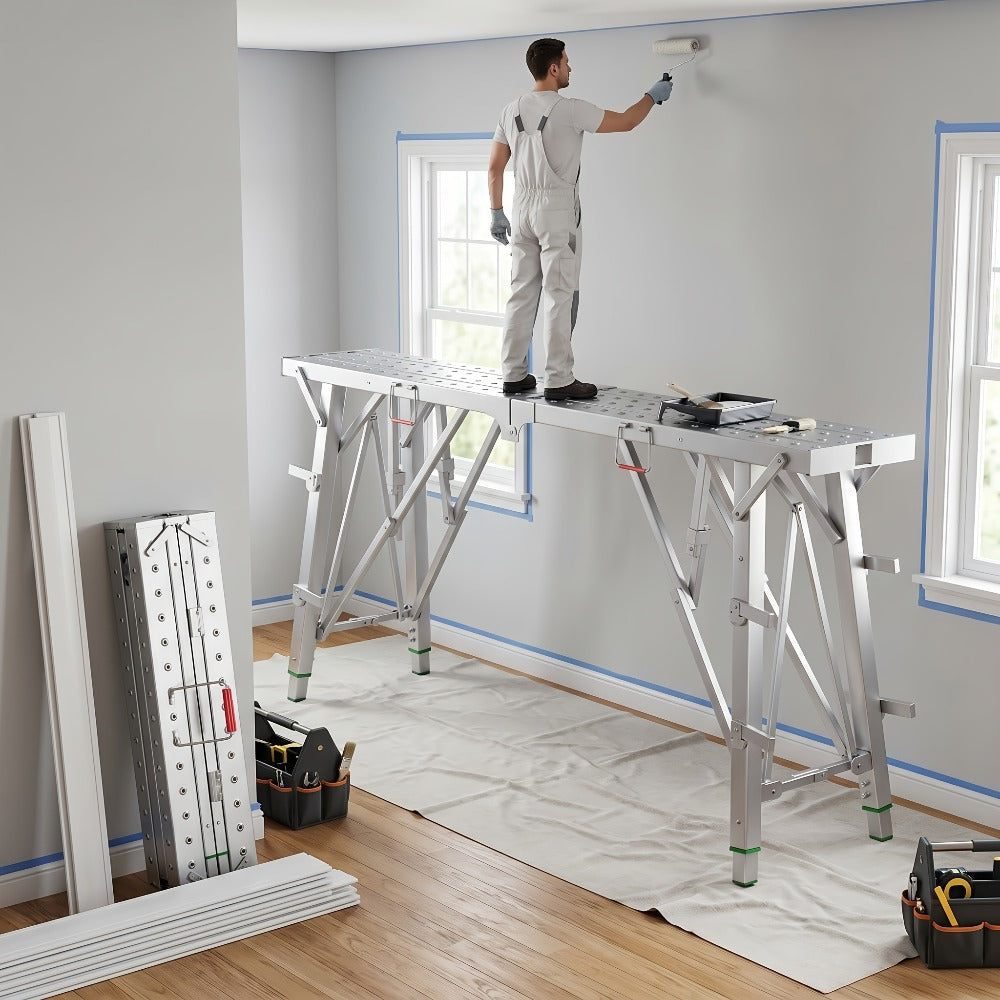 Heavy Duty Folding Work Platform Scaffold 1455 Lbs Capacity Portable Adjustable Height Ladder Stool – Multi-Function Step Stool for Painting Home Renovation Construction Indoor Outdoor Use