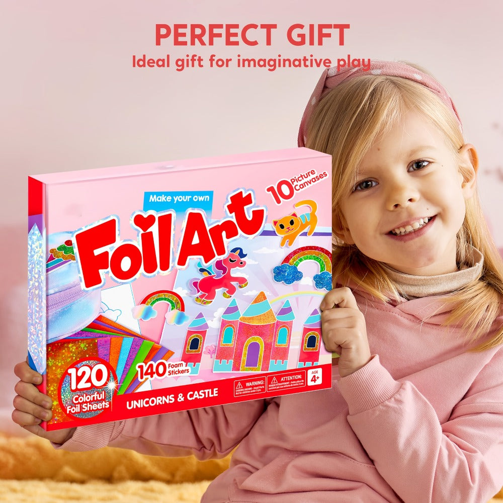 Foil Art Kit for Girls 10 Canvases 120 Colorful Foil Sheets 140+ Foam Stickers – Mess-Free Glue-Free Unicorn Princess Fairy Craft, Birthday Gift for Kids Ages 4 5 6 7 8