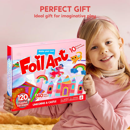 Foil Art Kit for Girls 10 Canvases 120 Colorful Foil Sheets 140+ Foam Stickers – Mess-Free Glue-Free Unicorn Princess Fairy Craft, Birthday Gift for Kids Ages 4 5 6 7 8