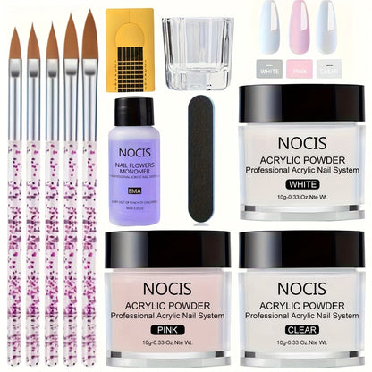 Acrylic Nail Powder Liquid Monomer Kit 3 Colors Clear White Pink Extension Set with Nail Art Brush for Nail Extensions 3D Carving Overlay French Manicure - Beginner Professional Nail Gift Set
