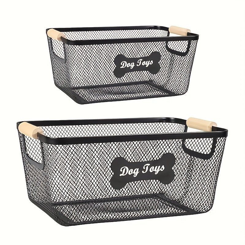 Metal Dog Toy Storage Basket Set with Wooden Handles – 2-Pack Mesh Wire Organizer Bin for Dog Toys, Collars, Blankets & Accessories