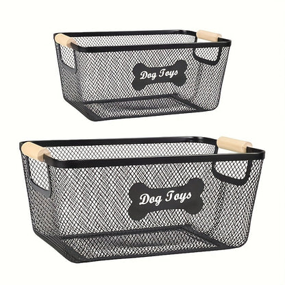 Metal Dog Toy Storage Basket Set with Wooden Handles – 2-Pack Mesh Wire Organizer Bin for Dog Toys, Collars, Blankets & Accessories