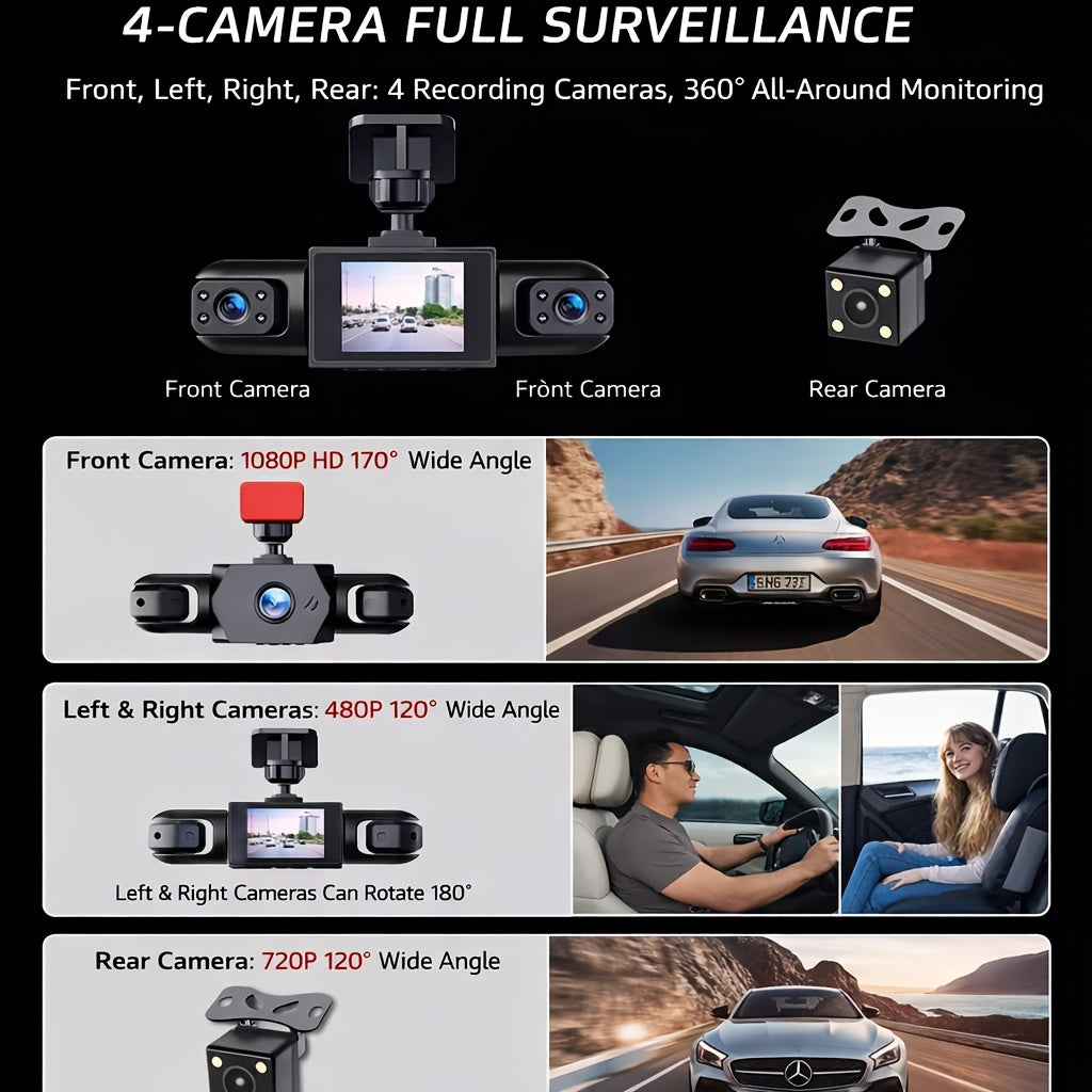 4-Camera 1080P Dash Cam, 360° Recording, 3.6" Clear IPS Screen, Night Vision/WDR, Parking Detection, Easy Mount