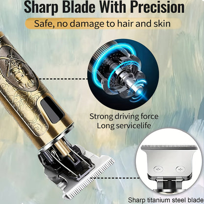 LED Hair Trimmer for Men - T-Blade USB Rechargeable 2000mAh, Vintage Dragon & Mustache Design, 4 Guide Combs, Cordless Precision Grooming, Holiday Gift for Him