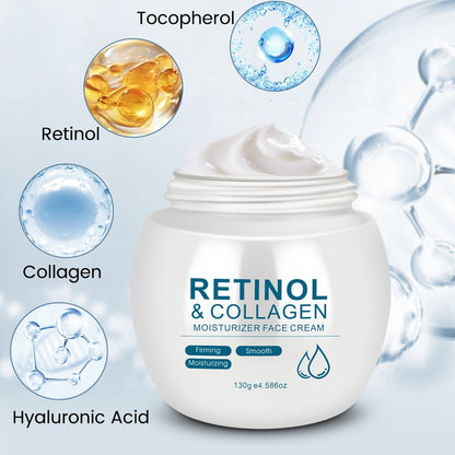 Retinol & Collagen Moisturizer Face Cream with Hyaluronic Acid & Vitamin E, Hydrating Firming Anti-Aging Day & Night Cream for All Skin Types, Hypoallergenic Neck & Face Moisturizer – 130g