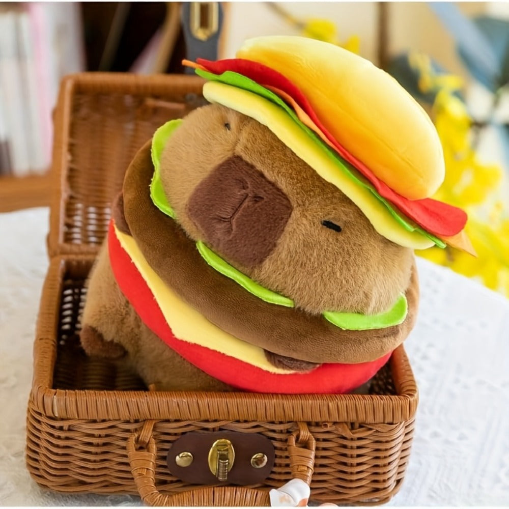 Capybara Plush Stuffed Animal Hamburger Burger Hat Funny Kawaii Soft Plush Toy Couch Pillow Doll Unique Meme Gift for Kids Teens Adults Birthday Christmas Holiday