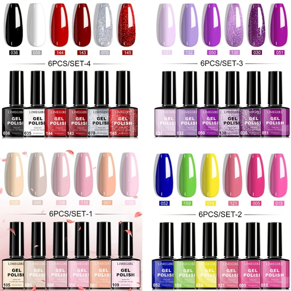 Soak-Off Gel Nail Polish Set 6pcs Hypoallergenic - Fall & Winter Glitter and Solid Colors UV LED Long-Lasting Toxin-Free DIY Nail Art Kit for Women, Home Manicure, Christmas Gift for Nail Lovers