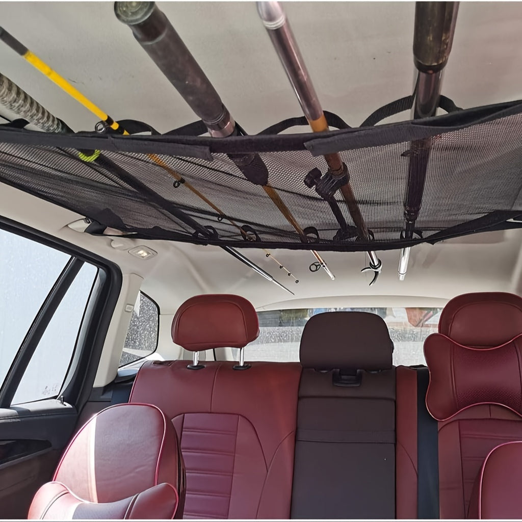 Durable Car Ceiling Mesh Organizer - Easy Install, Space-Saving, Adjustable Straps for SUV, Truck, Van - Fishing Rods Fabric Vehicle Roof Storage Net for Fishing Rods, Ski Poles And Long Gear, Easy Installation.