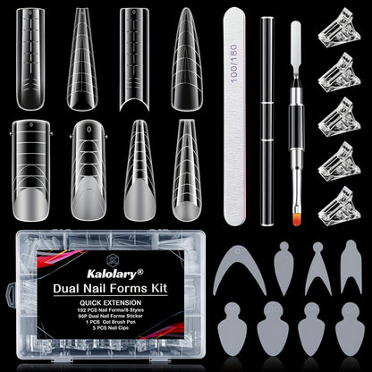 Poly Gel Nail Extension Form Kit - 192pcs Dual Forms, 96pcs Reusable Pads, 8 Shapes Acrylic Mold, Brush Pen, Files & Clips, Complete French Nail Extension Beginner Set for Home Salon