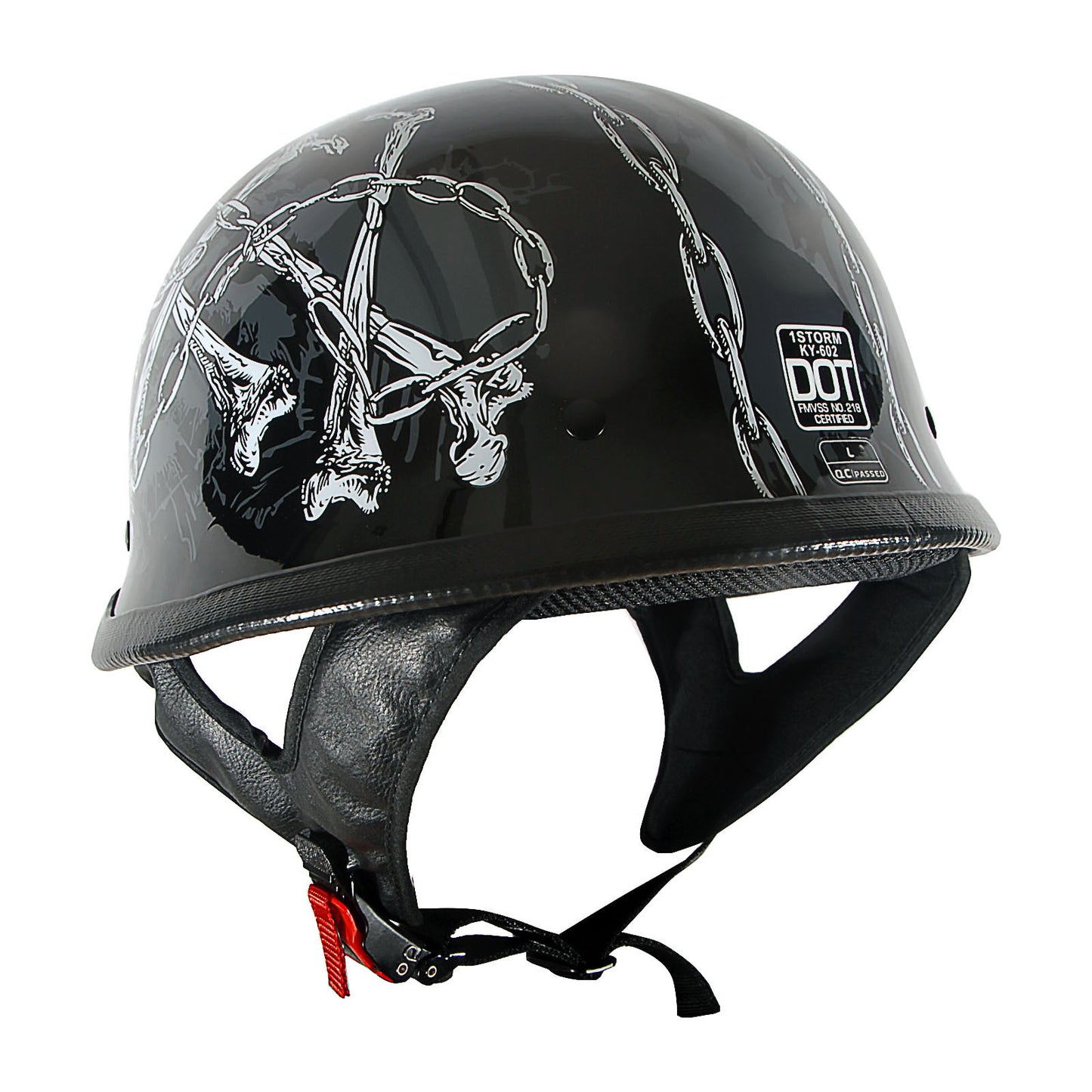 German Style Motorcycle Half Face Helmet – Novelty Skull & Carbon Fiber Design, UV Glossy Finish, Removable Washable Padding, Quick Release Buckle, Adult M/L/XL