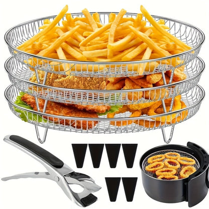 Air Fryer Rack Set – 10-Piece Stainless Steel Stackable Dehydrator Rack with Clips for 4.2QT-5.8QT Round Air Fryers, Reusable Elevated Baking Accessories, Dishwasher Safe