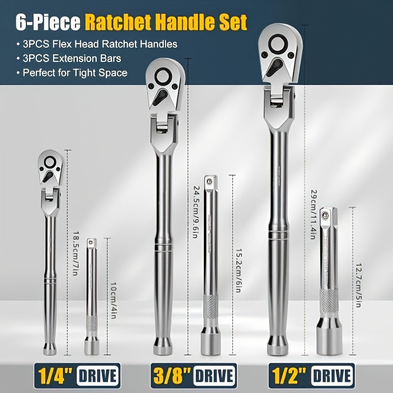 Set Of 6pcs Of Ratchet Wrench Set, With 2-tooth Ratchet 1/ 4 Inch, 3/ 8 Inch, 1/ 2 Inch, Rotating Head Ratchet Wrench With Extension Bar, Made Of High-quality Stainless Steel, Chrome-plated Surface Treatment, With EVA Foam Storage Box, Without Battery