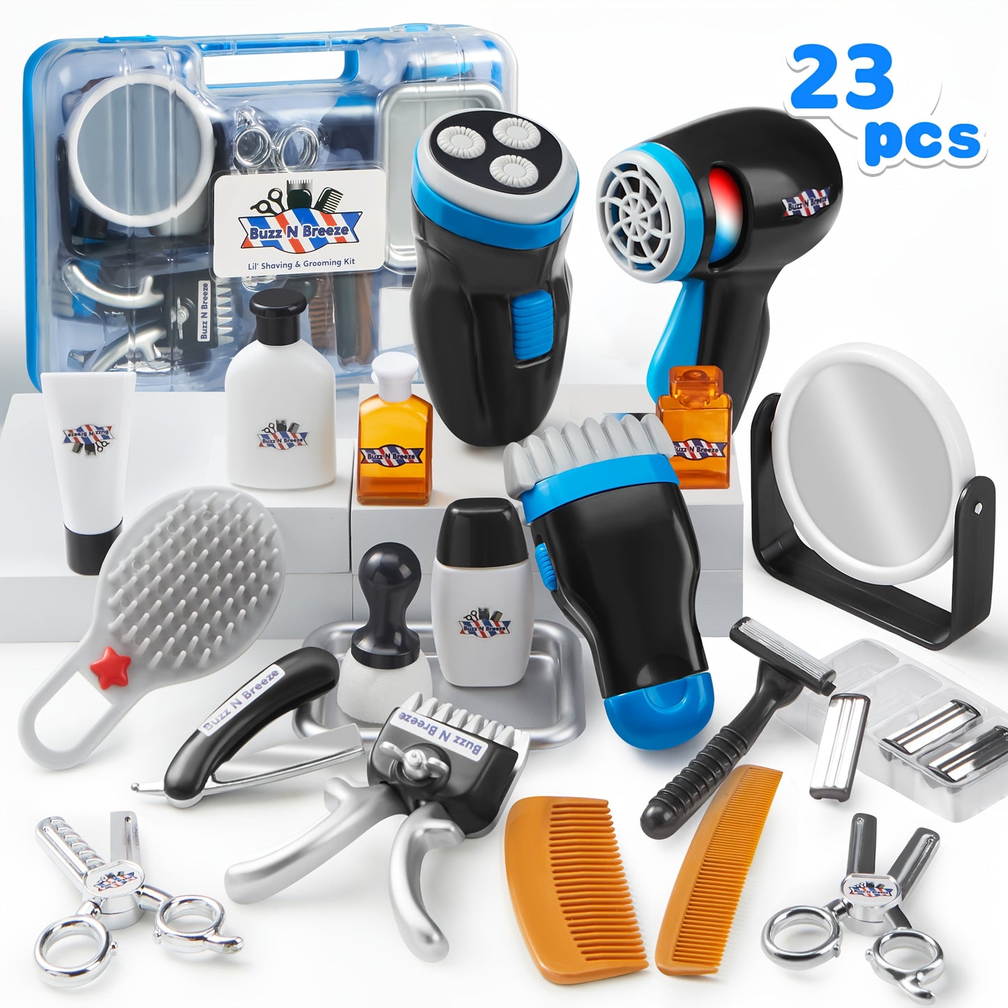 Kids Barbershop Pretend Play Kit 23pcs with Storage Box – Realistic Barber Role Play Toys with Shaver Scissors Hairdryer Comb – Educational Gift for Boys Girls Ages 3 4 5 6+
