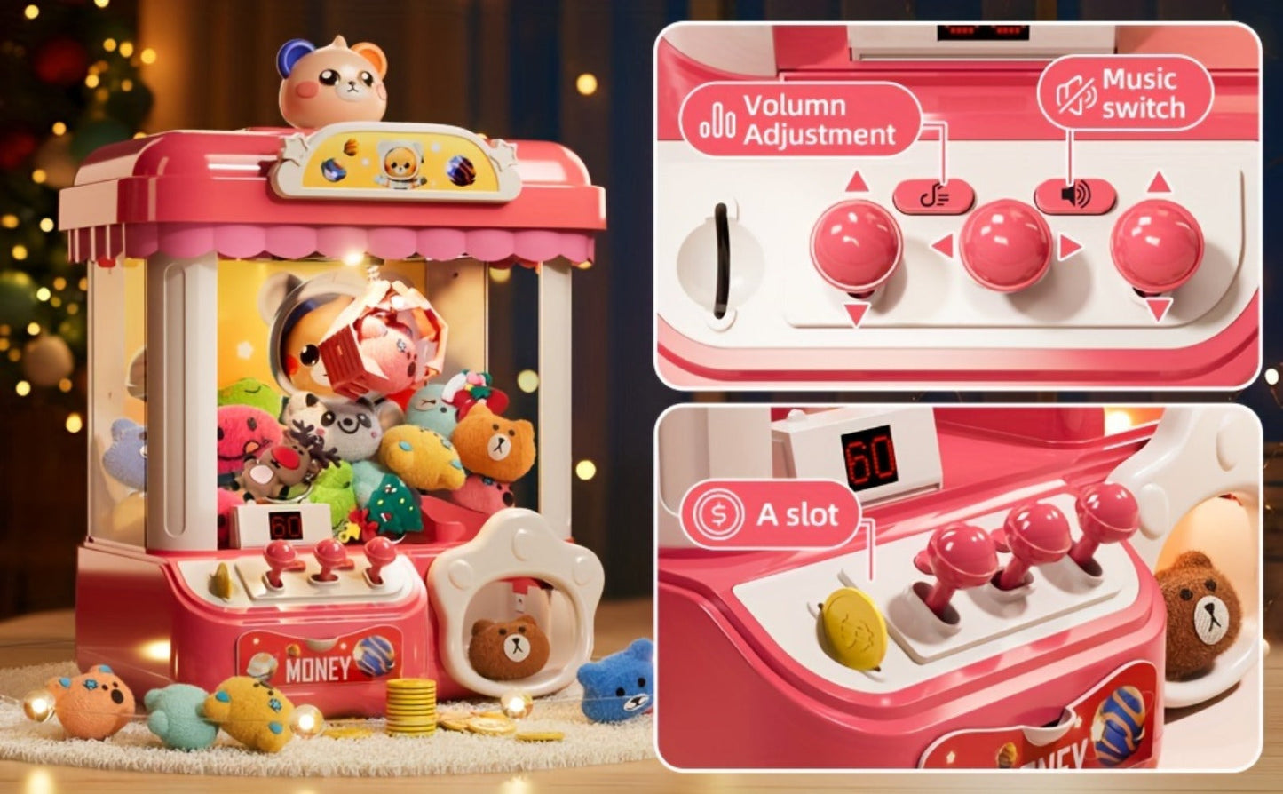 Mini Claw Machine for Kids with Lights Music Pink – Large 16.9" Arcade Claw Toy with 20 Coins 16 Plush Dolls USB Cable, Fun Birthday Christmas Gift for Girls Boys Ages 3 6 8 10+