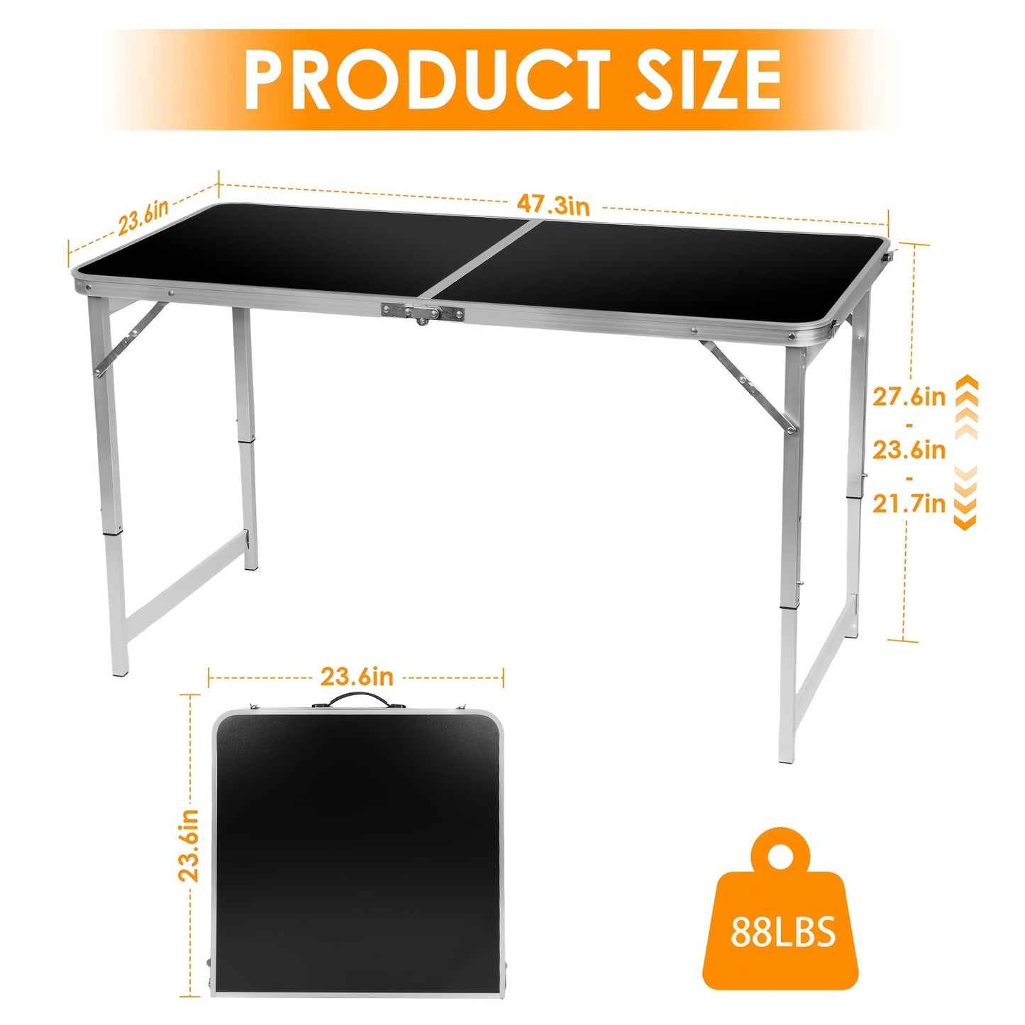Folding Table shown in the White, 4 FEET Black option