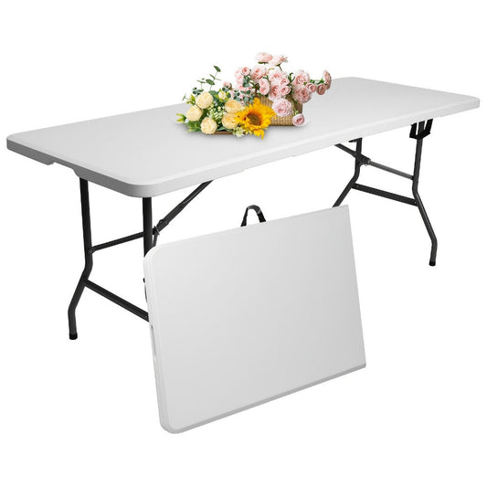 Folding Table, Plastic Rectangular 4ft 6ft Center-Fold Portable Table with Carrying Handle shown in the main product view