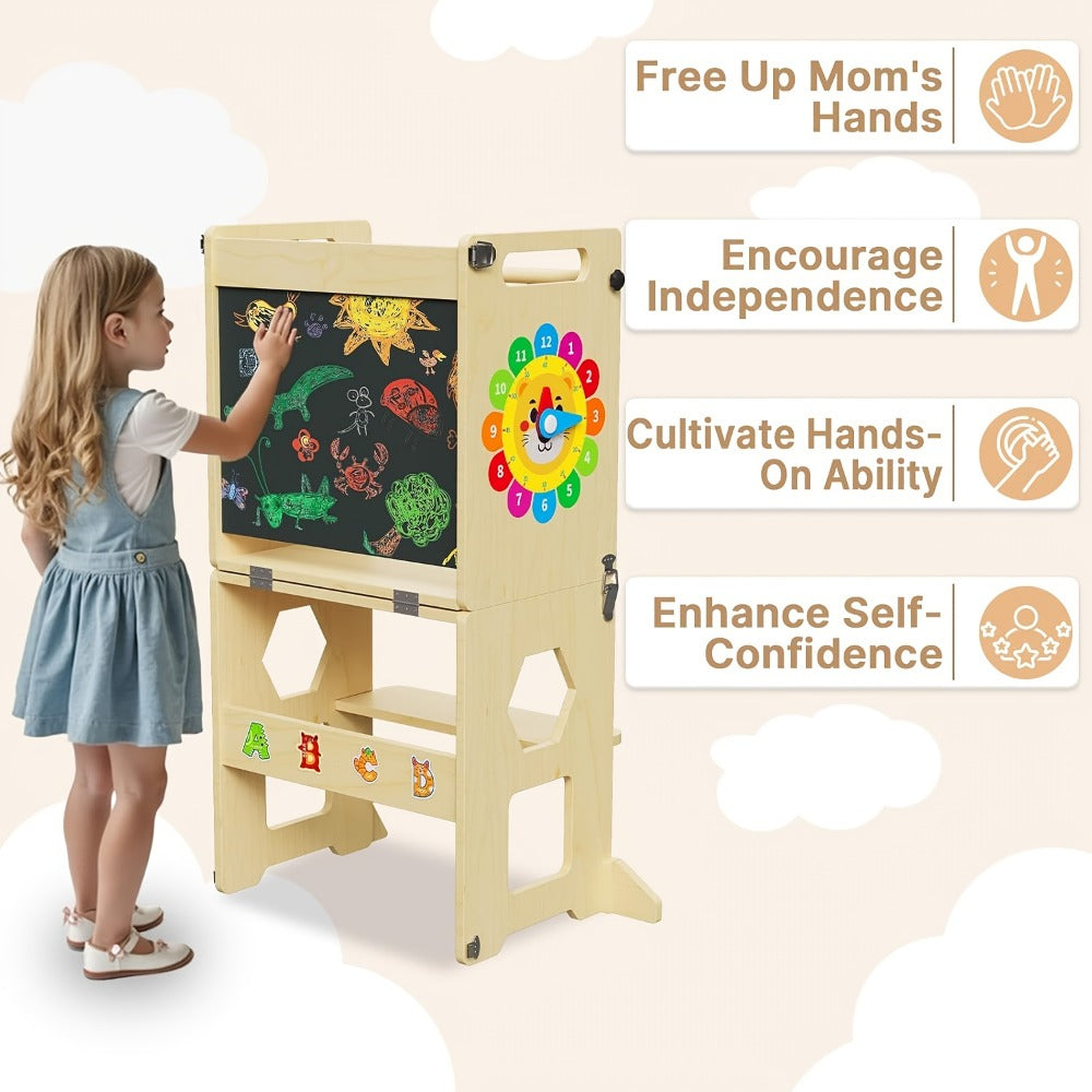 4-in-1 Foldable Toddler Learning Tower with Solid Wood Construction for Kids' Room detail image - detail view 7