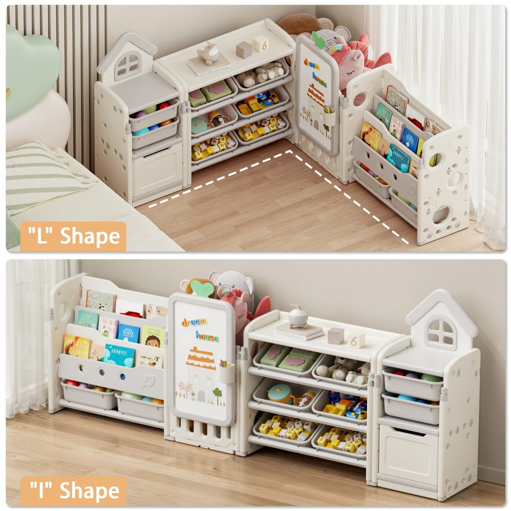 Kids Toy Organizer, 4-in-1 with 10 Detachable Bins, 3-Tier Bookshelf & Drawing Board shown in the main product view