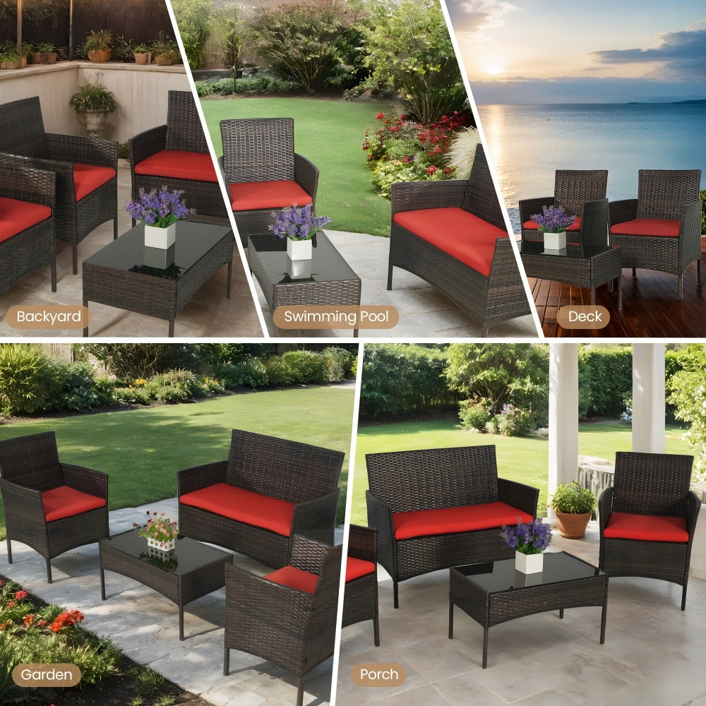 4-Piece Wicker Patio Conversation Set with Side Table and Two Cushions detail image - detail view 12