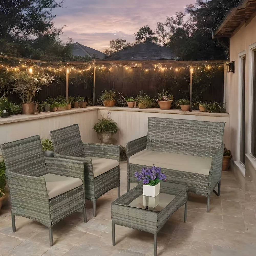 4-Piece Wicker Patio Conversation Set with Side Table and Two Cushions detail image