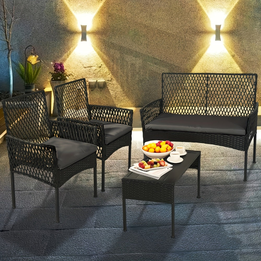 4-Piece Wicker Patio Conversation Set with Side Table and Two Cushions detail image - detail view 7