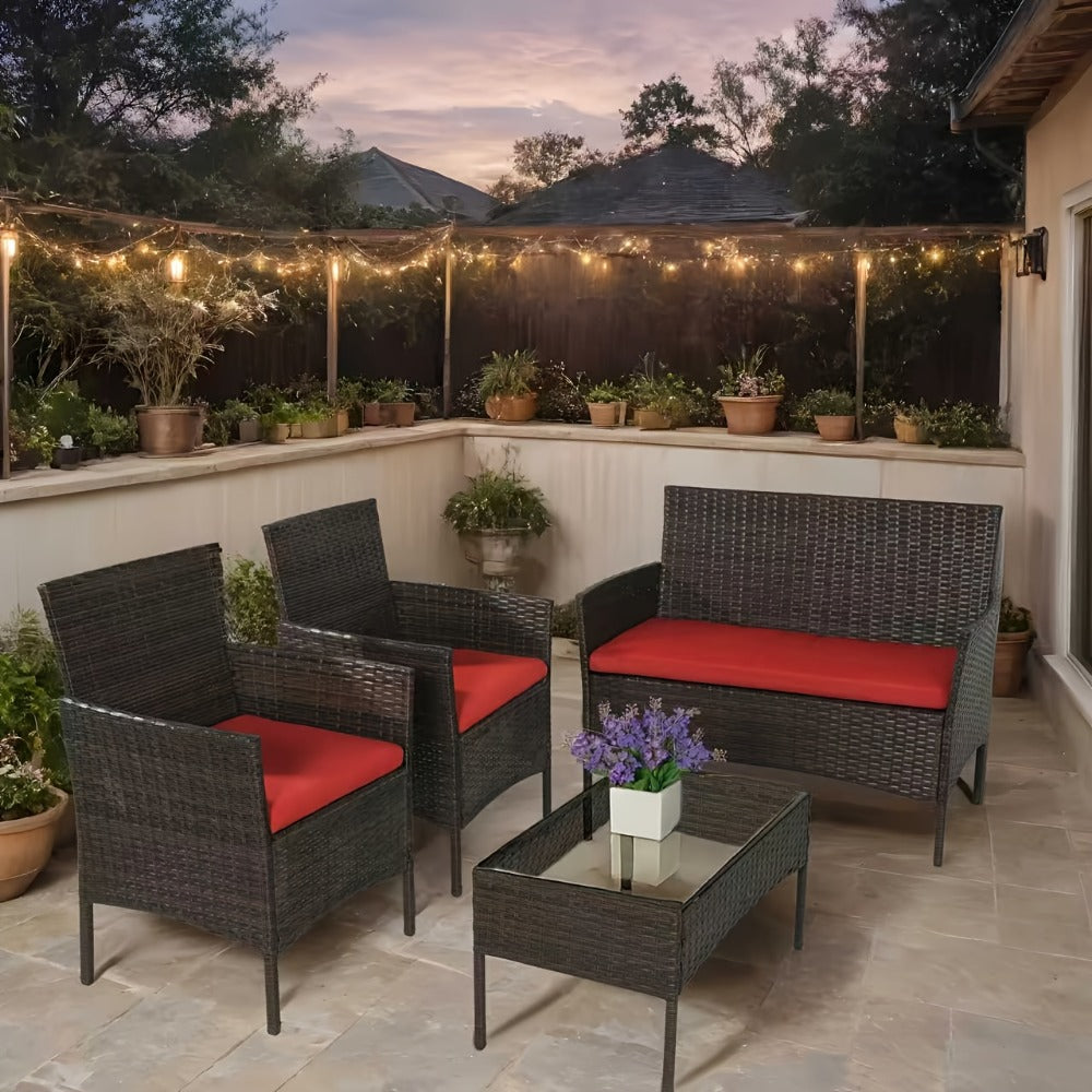 Patio Conversation Set, 4-Piece Wicker All-Weather PE Rattan Loveseat & Table with Soft shown in the main product view