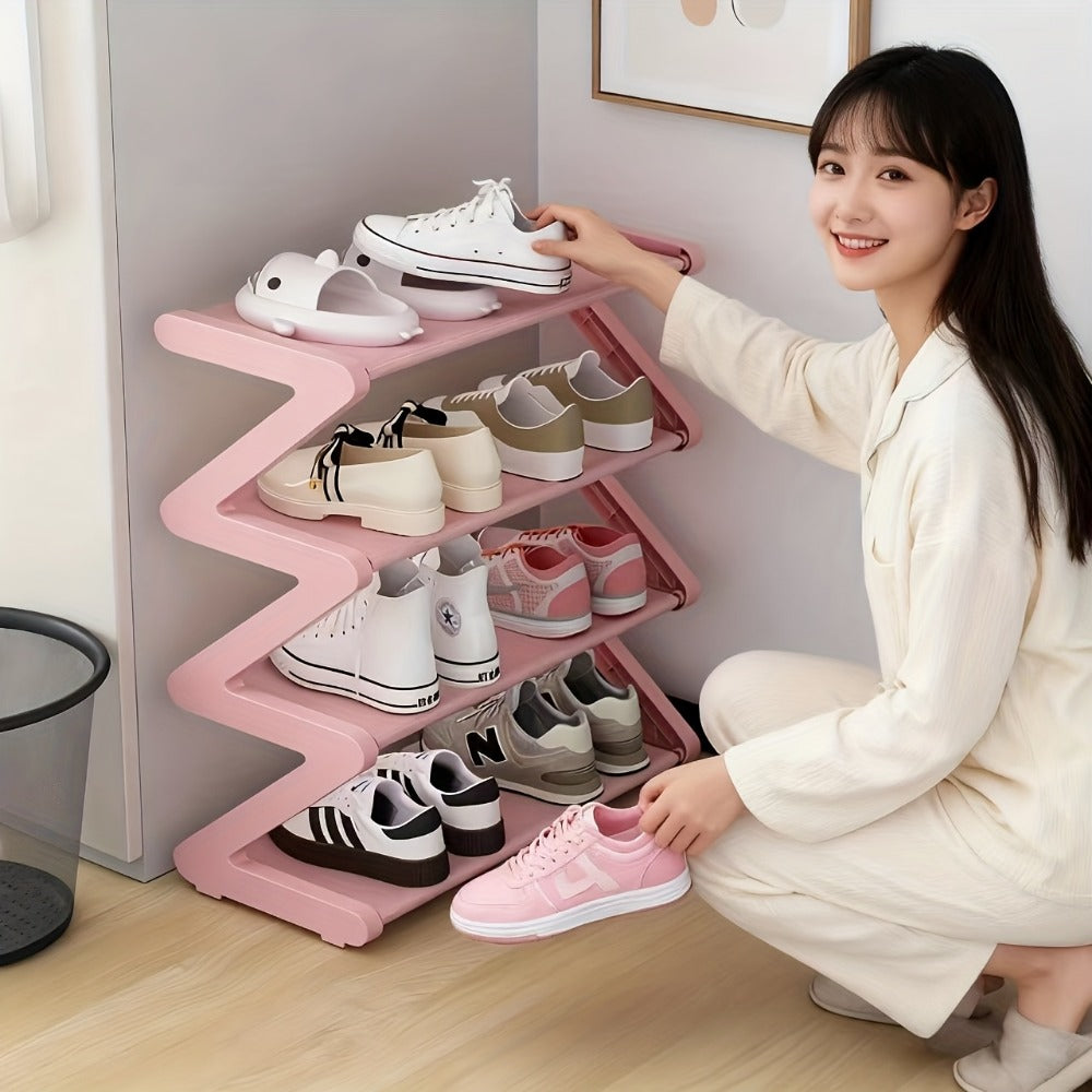 Shoe Rack, 4-Tier Z-Shaped Freestanding - Stackable Plastic Shoe Organizer with Golden shown in the main product view