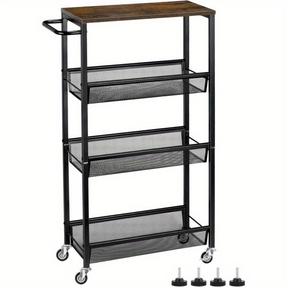 Kitchen Cart, Slim 4-Tier Rolling with Wooden Tabletop - Narrow Mobile Storage Shelving shown in the main product view