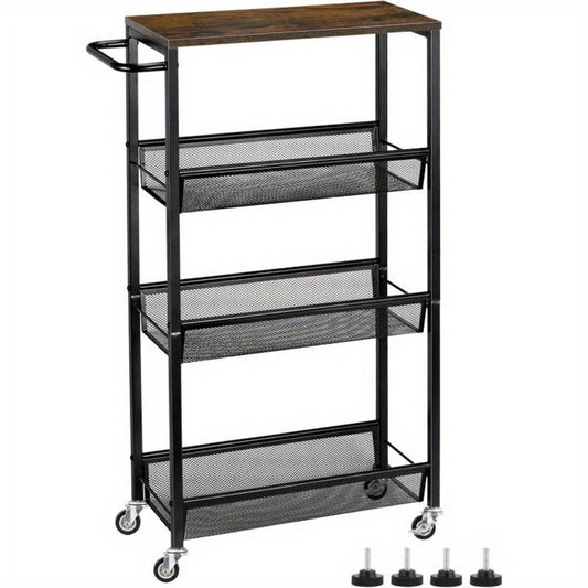 Kitchen Cart, Slim 4-Tier Rolling with Wooden Tabletop - Narrow Mobile Storage Shelving shown in the main product view