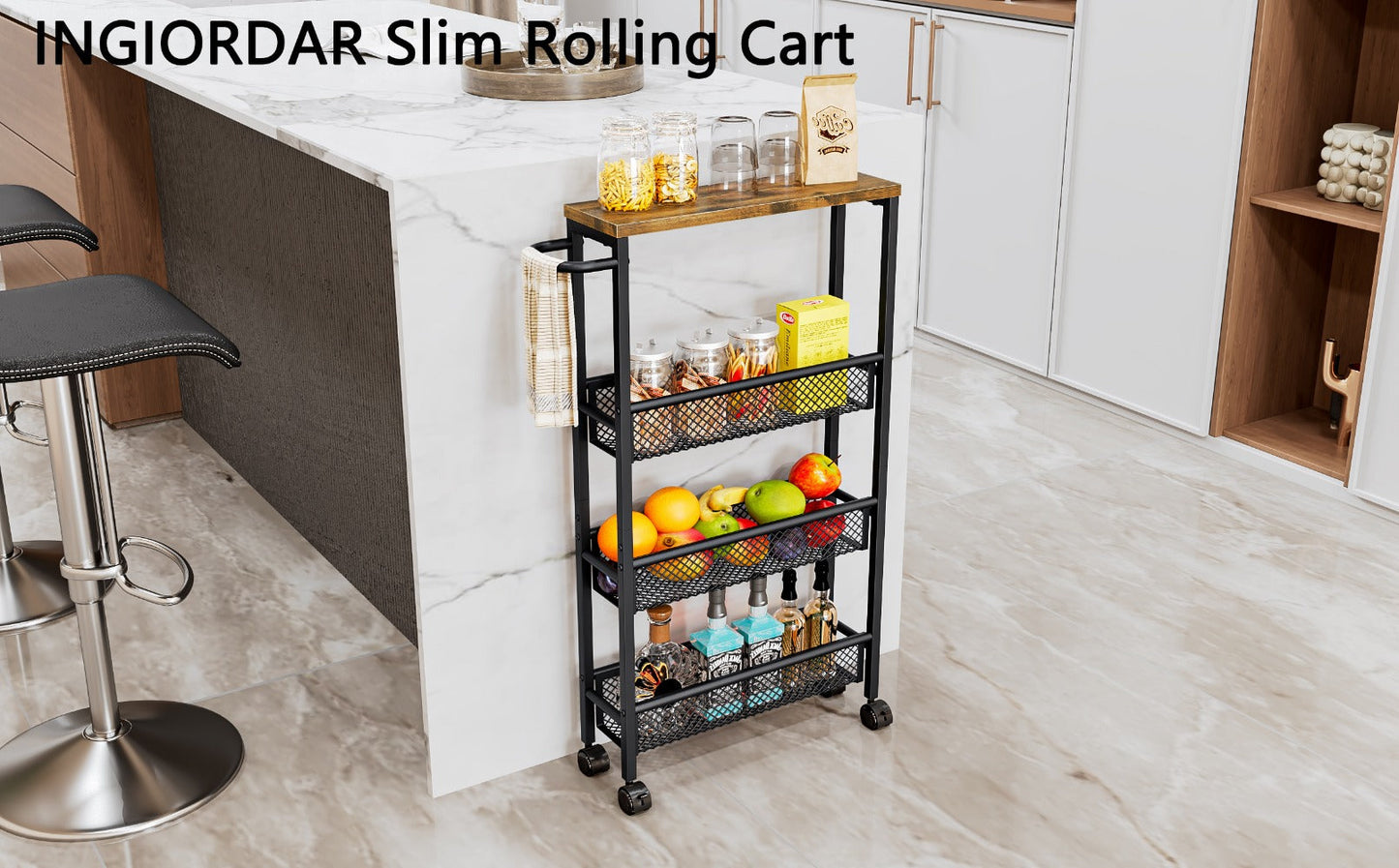 4-Tier Narrow Rolling Storage Carts And Kitchen Carts with Solid Wood Construction detail image - detail view 9