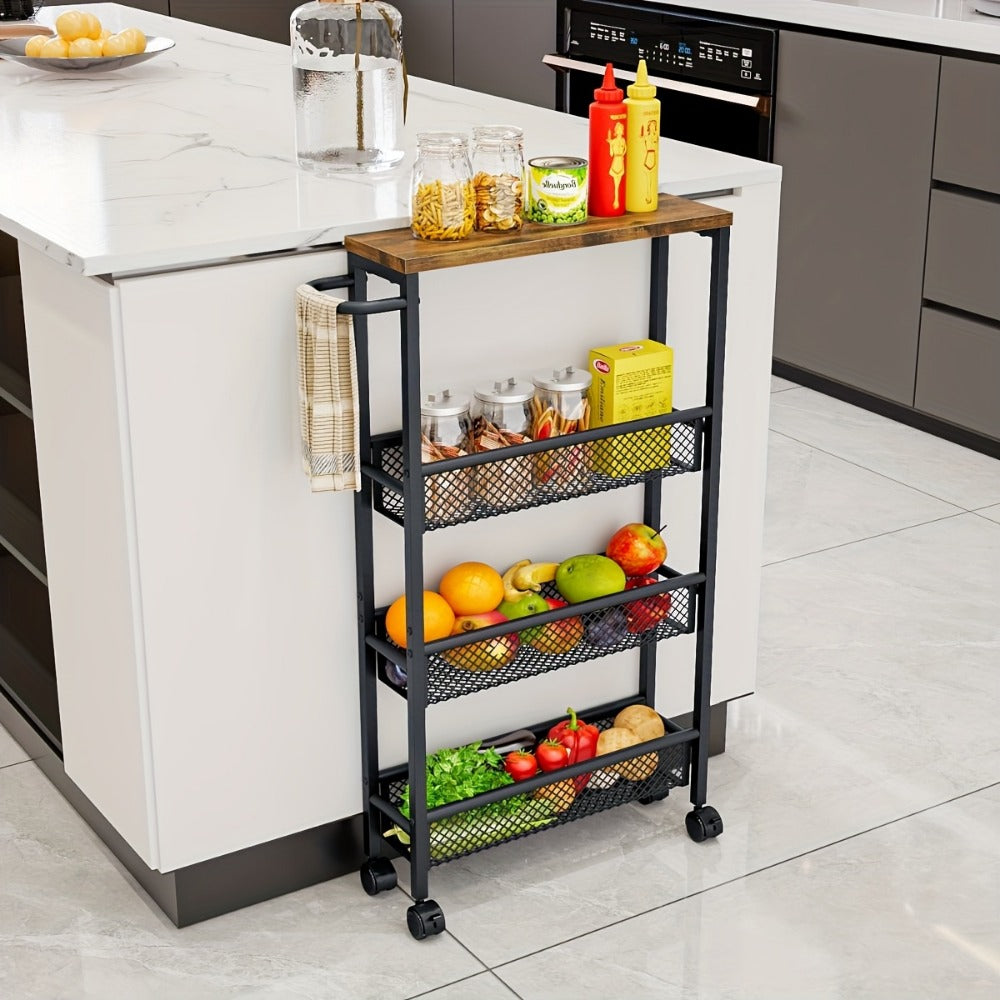 Rolling Storage Carts and Kitchen Carts, 4-Tier Narrow Rolling Storage Cart with Wooden shown in the main product view