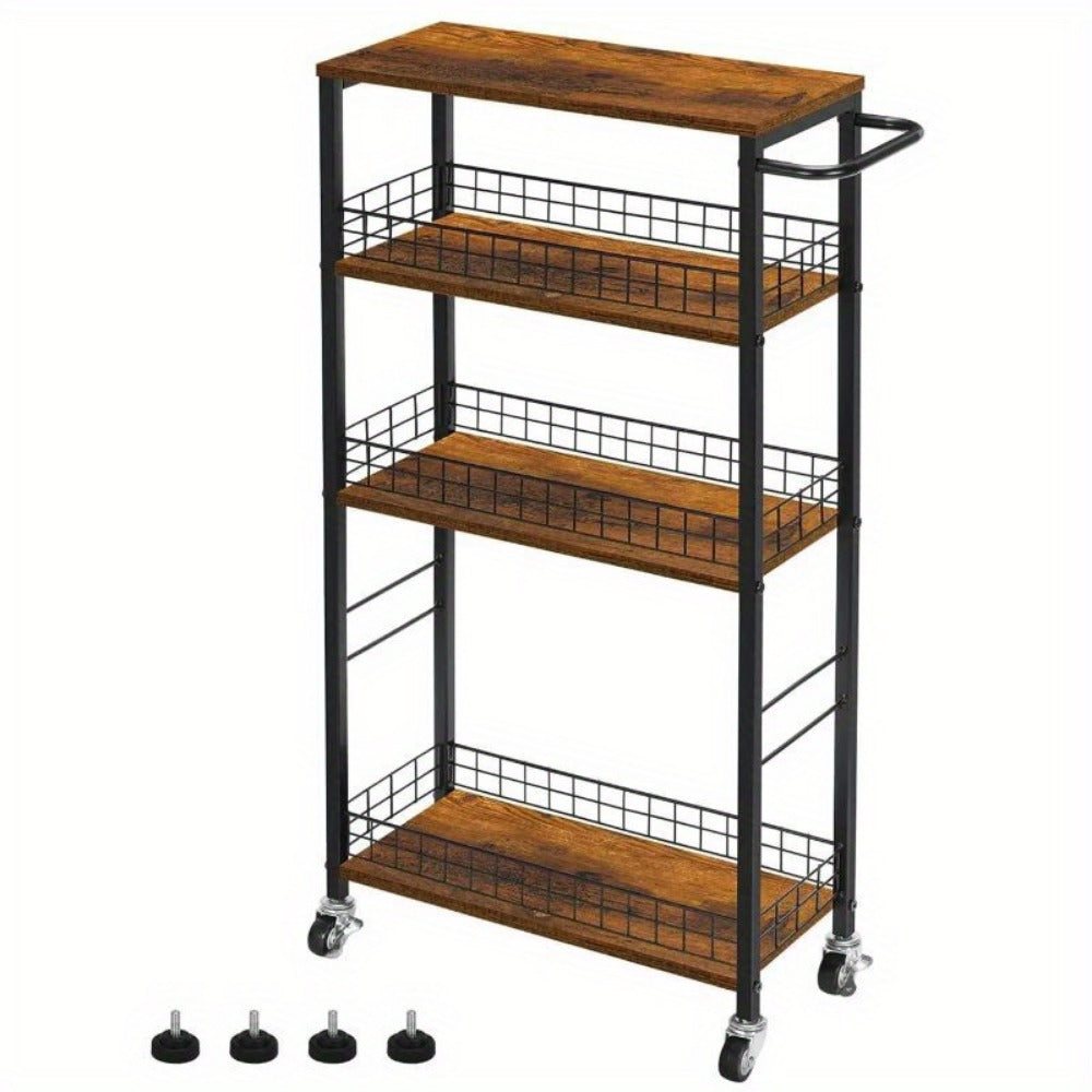 Storage Cart, 4-Tier Slim Rolling with Wooden Tabletop & Metal Handle, 7.3" Narrow Kitchen shown in the main product view