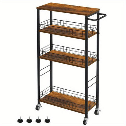 Storage Cart, 4-Tier Slim Rolling with Wooden Tabletop & Metal Handle, 7.3" Narrow Kitchen shown in the main product view