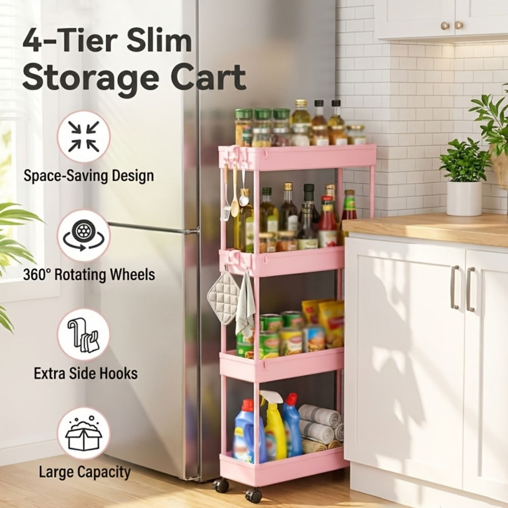 Storage Cart, 4-Tier Slim Rolling with Wheels - Space-Saving Mobile Organizer Tower Rack shown in the main product view