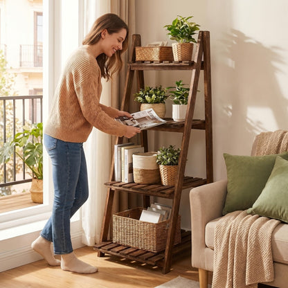 4-Tier Wood Ladder Shelf with Tool-Free Assembly and Multiple Color Options for Entryway detail image - detail view 4