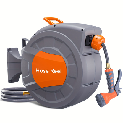65ft Automatic Garden Hose Reel with 9-Function Sprayer | 180° Swivel, Auto-Rewind & Slow Return System