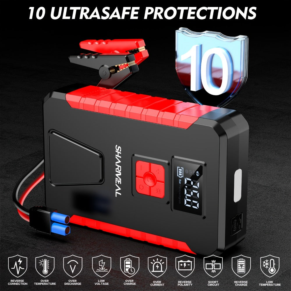 Portable Jump Starter with Air Compressor – 15000A-19000A Peak 350PSI 12V 17-in-1 Car Battery Jump Starter, Digital Display, LED Light & Smart Clamp for Cars Trucks SUVs