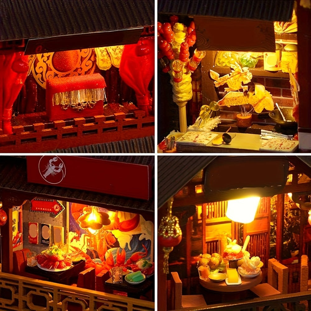 Book Nook Kit Chinese Food Street Miniature Dollhouse 3D Wooden Puzzle Bookshelf Insert DIY Model Building Set for Adults Teens – No Glue Needed Birthday Christmas Housewarming Gift