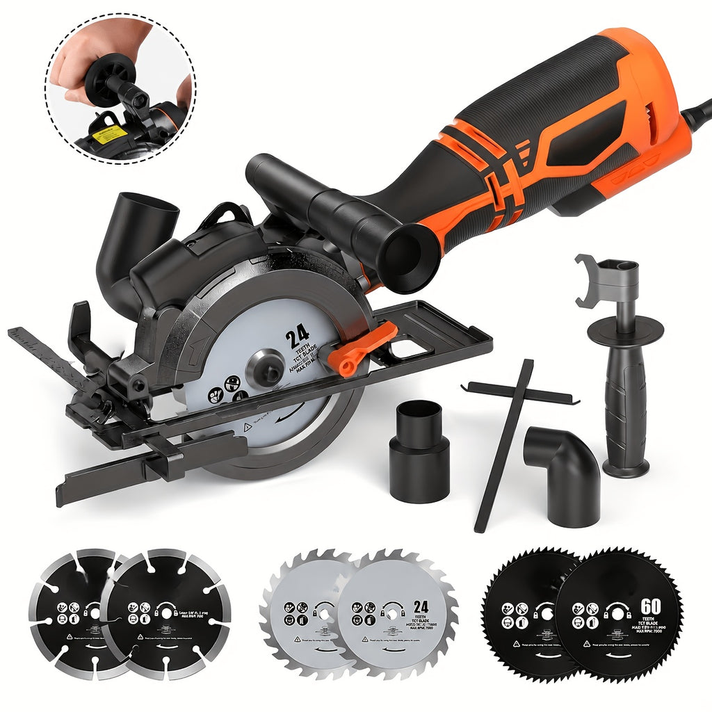 4.5 Inch Mini Compact Circular Saw with Laser Guide, Dual Metal Side Handle Stable Control, 5.2A 7000RPM Power Saw, 43mm Max Cutting Depth, 6 Extra Saw Blades Included, Cuts Wood, Plastic, Soft Metal, Tile. Perfect DIY Power Tool Gift