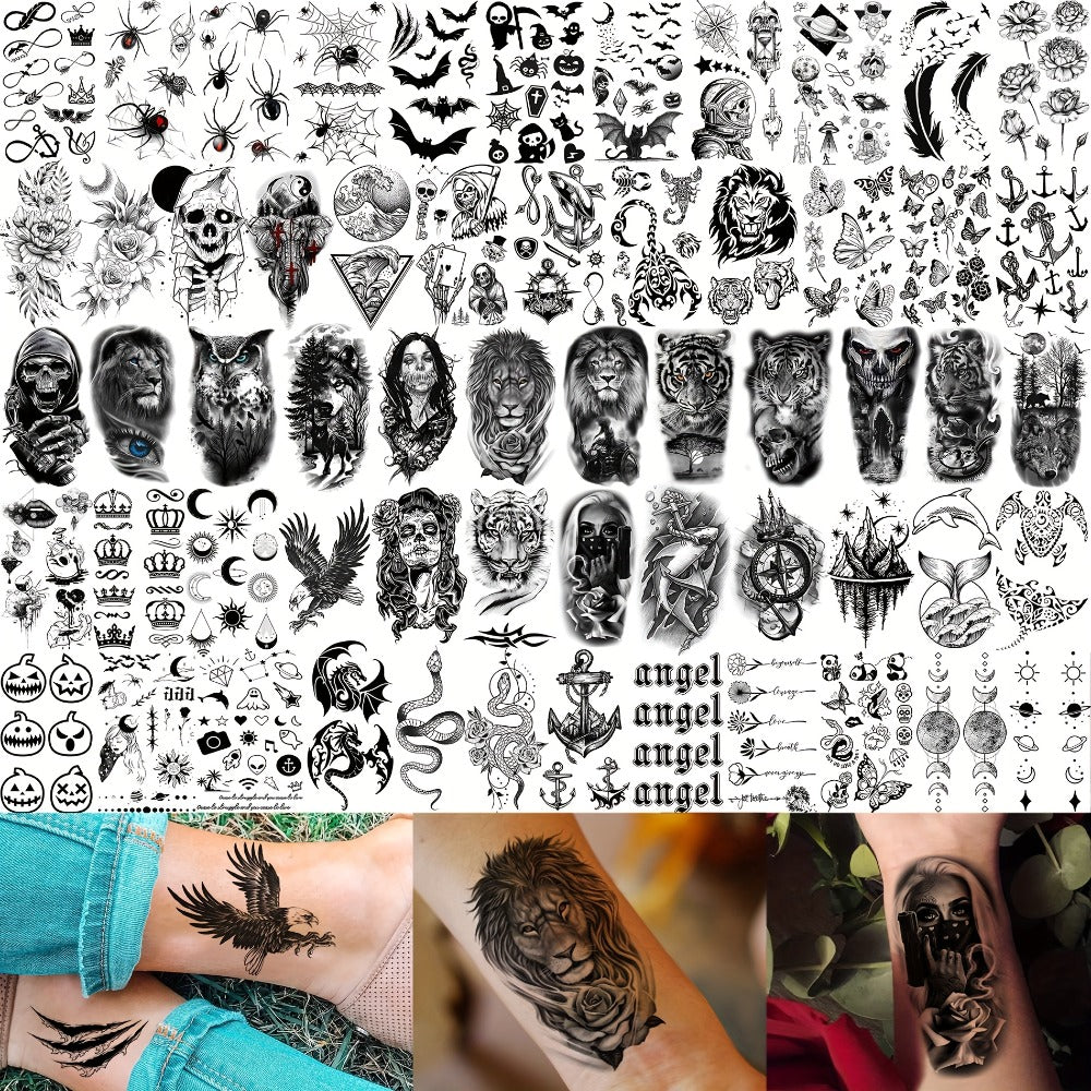 Temporary Tattoos for Adults 71 Sheets Waterproof Long Lasting Old School Gothic Punk Chicano Tiger Wolf Lion Dragon Skull Floral Body Art for Halloween Parties Festivals Costumes